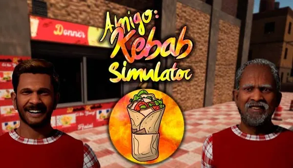 Logotipo de Amigo: Kebab Simulator con dos trabajadores sonrientes delante del local de kebab y un durum en llamas
