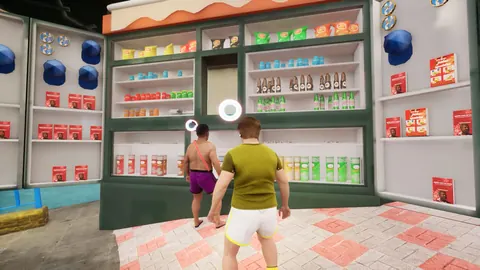 Dos jugadores colocando productos en las estanterías del bazar