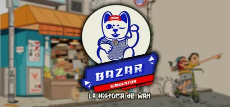 Logotipo de Bazar Simulator: La historia de Wan, con un gato de la suerte y dos personajes en patinete delante de un bazar