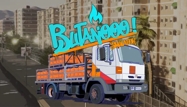 Logotipo de Butanooo! Simulator sobre un camión cargado de bombonas de butano delante de bloques de viviendas