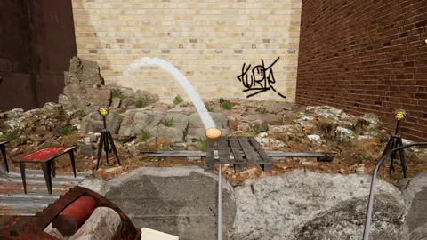 Huevo saltando sobre rocas junto a una pared de ladrillo con un grafiti