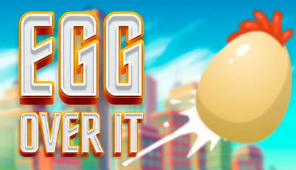 Logotipo de Egg Over It con un huevo grande disparado sobre los rascacielos de una ciudad