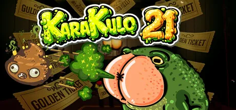 Logotipo de Karakulo 21 con una criatura verde y rosa y billetes dorados de fondo