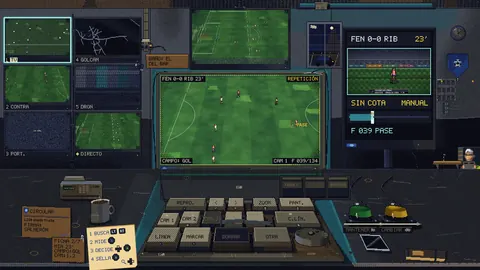 Repetición de la jugada del minuto 23 en el monitor principal, con la ficha de la jugada y la cinta de pegatinas en la mesa