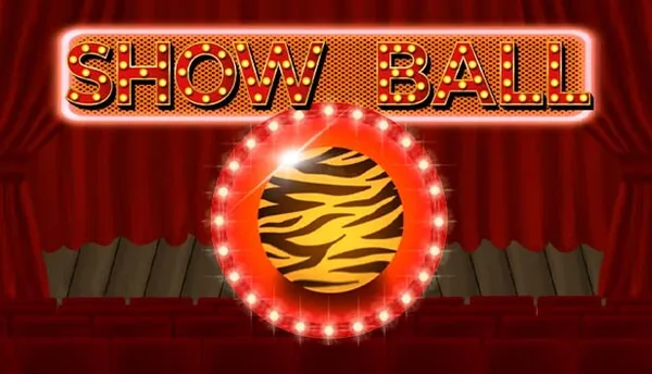 Logotipo de Show Ball con una pelota de rayas de tigre rodeada de bombillas sobre un telón rojo