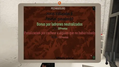 Pantalla de informe de la jornada con horas trabajadas, pesetas ganadas y bonus por ladrones neutralizados