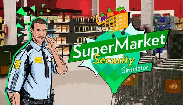 Ilustración de portada de Supermarket Security Simulator: un guardia de seguridad uniformado delante de las estanterías de un supermercado