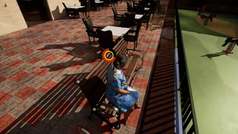 La abuela sentada en un banco junto a un parque infantil