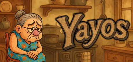 Ilustración de una abuela de gesto triste sentada en una cocina antigua, junto al logotipo de Yayos